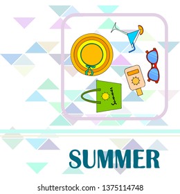 Beach vacation. Sunglasses, hat, beach bag, cocktail, sunscreen. Vector background.