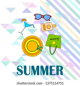 Beach vacation. Sunglasses, hat, beach bag, cocktail, sunscreen. Vector background.
