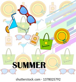 Beach vacation. Sunglasses, hat, beach bag, cocktail, sunscreen. Vector background.