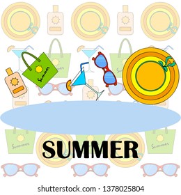 Beach vacation. Sunglasses, hat, beach bag, cocktail, sunscreen. Vector background.