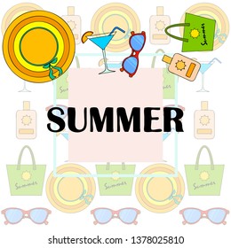 Beach vacation. Sunglasses, hat, beach bag, cocktail, sunscreen. Vector background.