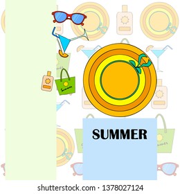Beach vacation. Sunglasses, hat, beach bag, cocktail, sunscreen. Vector background.