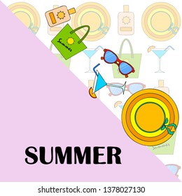 Beach vacation. Sunglasses, hat, beach bag, cocktail, sunscreen. Vector background.