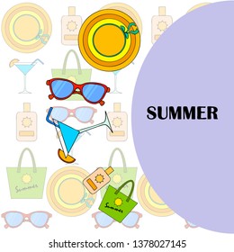 Beach vacation. Sunglasses, hat, beach bag, cocktail, sunscreen. Vector background.