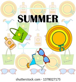 Beach vacation. Sunglasses, hat, beach bag, cocktail, sunscreen. Vector background.