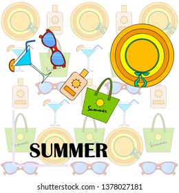 Beach vacation. Sunglasses, hat, beach bag, cocktail, sunscreen. Vector background.