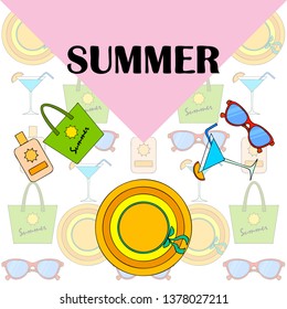 Beach vacation. Sunglasses, hat, beach bag, cocktail, sunscreen. Vector background.