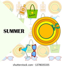Beach vacation. Sunglasses, hat, beach bag, cocktail, sunscreen. Vector background.