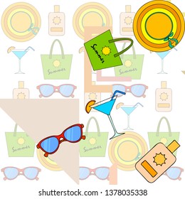 Beach vacation. Sunglasses, hat, beach bag, cocktail, sunscreen. Vector background.