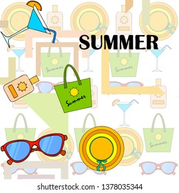 Beach vacation. Sunglasses, hat, beach bag, cocktail, sunscreen. Vector background.