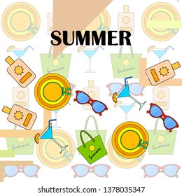 Beach vacation. Sunglasses, hat, beach bag, cocktail, sunscreen. Vector background.