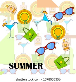 Beach vacation. Sunglasses, hat, beach bag, cocktail, sunscreen. Vector background.