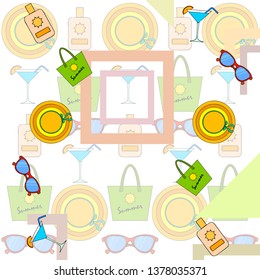 Beach vacation. Sunglasses, hat, beach bag, cocktail, sunscreen. Vector background.