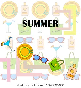 Beach vacation. Sunglasses, hat, beach bag, cocktail, sunscreen. Vector background.