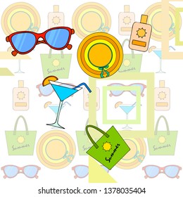 Beach vacation. Sunglasses, hat, beach bag, cocktail, sunscreen. Vector background.