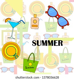 Beach vacation. Sunglasses, hat, beach bag, cocktail, sunscreen. Vector background.