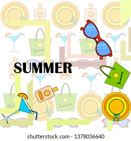 Beach vacation. Sunglasses, hat, beach bag, cocktail, sunscreen. Vector background.