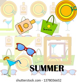 Beach vacation. Sunglasses, hat, beach bag, cocktail, sunscreen. Vector background.
