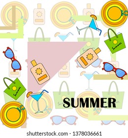 Beach vacation. Sunglasses, hat, beach bag, cocktail, sunscreen. Vector background.