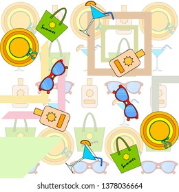 Beach vacation. Sunglasses, hat, beach bag, cocktail, sunscreen. Vector background.