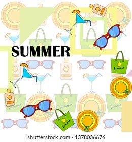 Beach vacation. Sunglasses, hat, beach bag, cocktail, sunscreen. Vector background.
