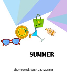 Beach vacation. Sunglasses, hat, beach bag, cocktail, sunscreen. Vector background.