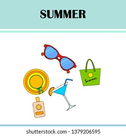 Beach vacation. Sunglasses, hat, beach bag, cocktail, sunscreen. Vector background.