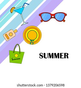 Beach vacation. Sunglasses, hat, beach bag, cocktail, sunscreen. Vector background.