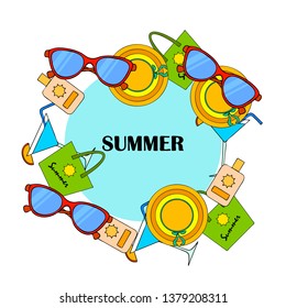 Beach vacation. Sunglasses, hat, beach bag, cocktail, sunscreen. Vector background.