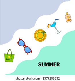 Beach vacation. Sunglasses, hat, beach bag, cocktail, sunscreen. Vector background.