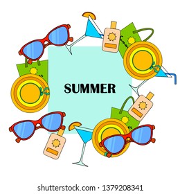 Beach vacation. Sunglasses, hat, beach bag, cocktail, sunscreen. Vector background.