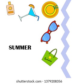 Beach vacation. Sunglasses, hat, beach bag, cocktail, sunscreen. Vector background.