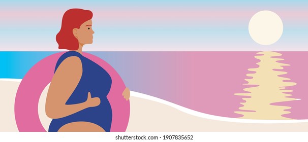 Beach vacation, template with place for text. Flat vector stock illustration. Woman with lifebuoy on the beach at sunset. vacation concept. sunset. Illustration with copy space