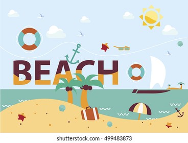 Beach, vacation theme banner. Vector illustration, flat design, word design, simple art for web and print.