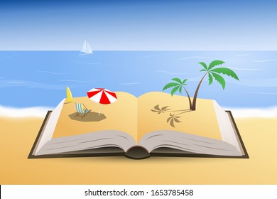 Beach vacation theme on a pages of an open book. Travel and education concept. Vector illustration, EPS 10.