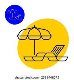Beach vacation theme symbol with sun protective umbrella, sand, sea waves and lounger. Summer season holiday icon. Editable stroke.