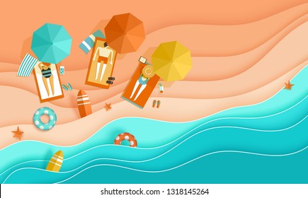 Beach vacation Tiny people sunbathe on a tropical beach, Top view background with sea waves, sand, men and women, umbrella, deck chair, surfboard, starfish, papercut, paper craft Place for text