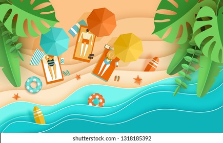 Beach vacation Tiny people sunbathe on tropical beach Top view background with sea waves, tropical leaves men and women, umbrella, deck chair, surfboard, starfish, papercut, paper craft Place for text