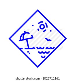 Beach, vacation, travel. Vector icon isolated on white background. The fashionable icon is blue. Ready logo for print and web. Logo, mascot, symbol, emblem. Rest on the beach, paradise.