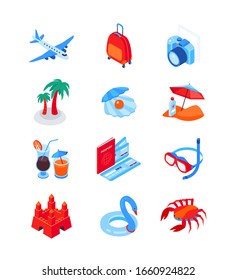 Beach vacation and traveling - modern isometric icons set. Colorful images of a plane, baggage, camera, palms, pearl, cocktails, passport and tickets. Summer holidays at the sea, relaxation idea
