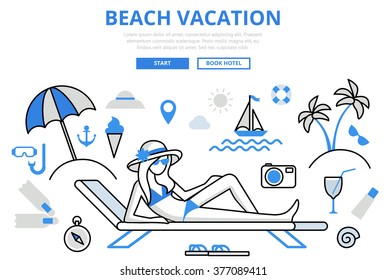 Beach vacation tropical island travel resort lounge hotel booking concept flat line art vector icon. Modern website infographics illustration hero image web banner printed material. Lineart collection