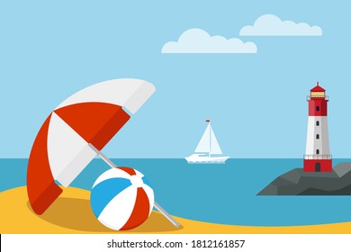 Beach vacation. Beach umbrella against the backdrop of the sea with a lighthouse and a yacht. Vector, cartoon illustration. Vector.