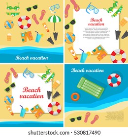 Beach vacation vector concept with place for text. Leisure on seacoast. Coastline with stuff for summer resting and entertainment on sand. For travel company ad, vacation concept, web design