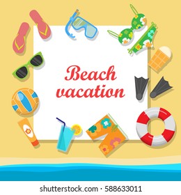 Beach vacation vector concept with place for text. Leisure on seacoast. Coastline with stuff for summer resting and entertainment on sand. For travel company ad, vacation concept, web design