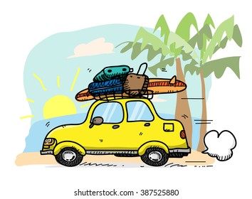 Beach Vacation, a vector illustration of a car traveling to the beach with lots of luggage and a surfboard on top of it, main sketch, colors, and background are on separate groups foe easy editing.