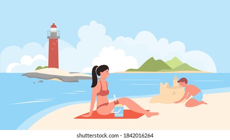 Beach vacation vector illustration. Cartoon flat happy family vacationer people spend weekend time on sea beach with island lighthouse landscape views, mother sunbathing, kid son playing background