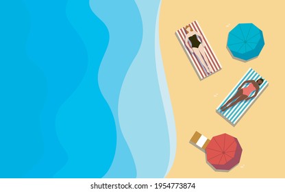 Vacaciones en la playa Ilustración vectorial con espacio para copiar Mujeres en trajes de baño descansa sobre toallas rayadas en la playa con paraguas coloridos Diseño plano
