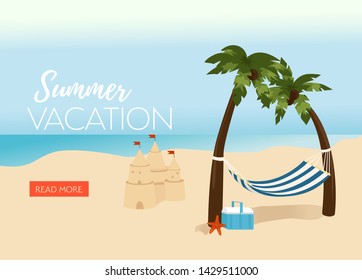 Beach vacation vector illustration with palms and sandcastle. Summer background