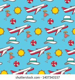 beach vacations background airplane ball hat cocktail sun vector illustration