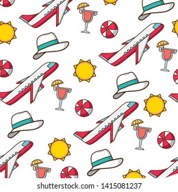 beach vacations background airplane ball hat cocktail sun vector illustration